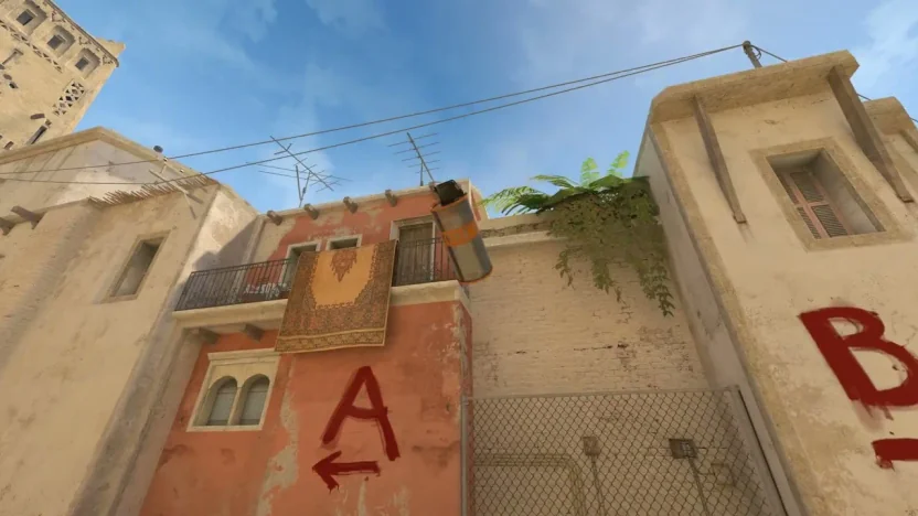 Lineup guide for a Mirage W-jumpthrow smoke, with the crosshair spot and the keys to press